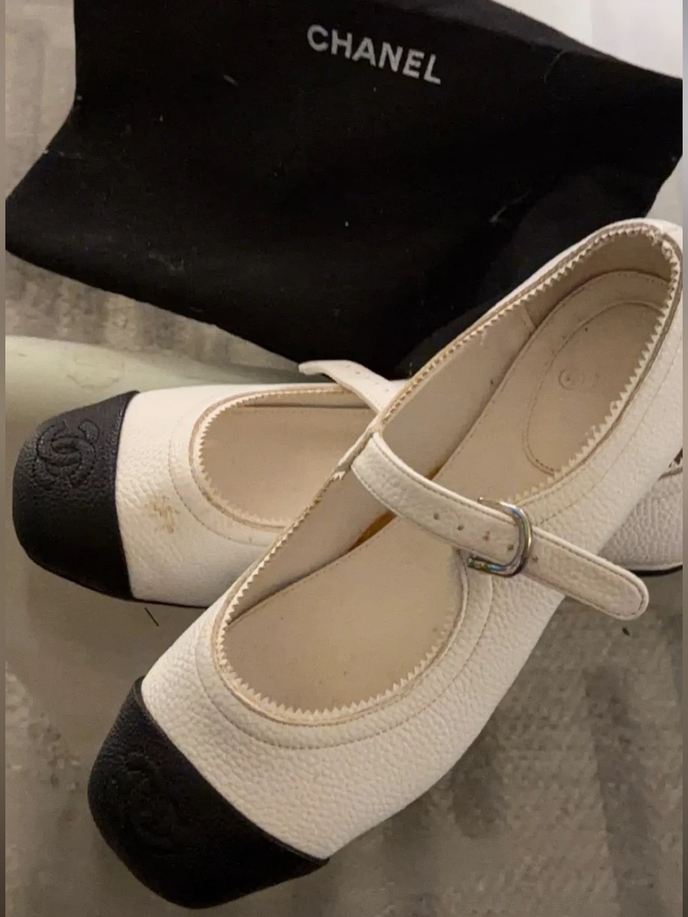 CHANEL Cream and Black Kids Mary Jane Ballet Flats
